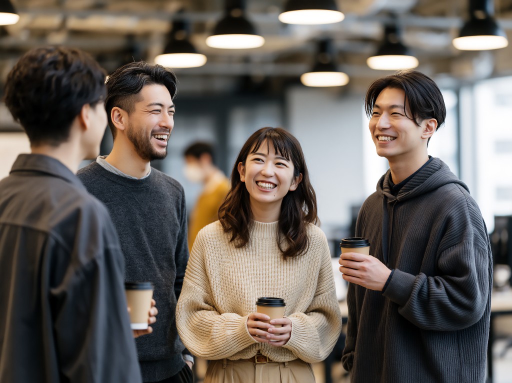コーヒーを片手に談笑する社員たち